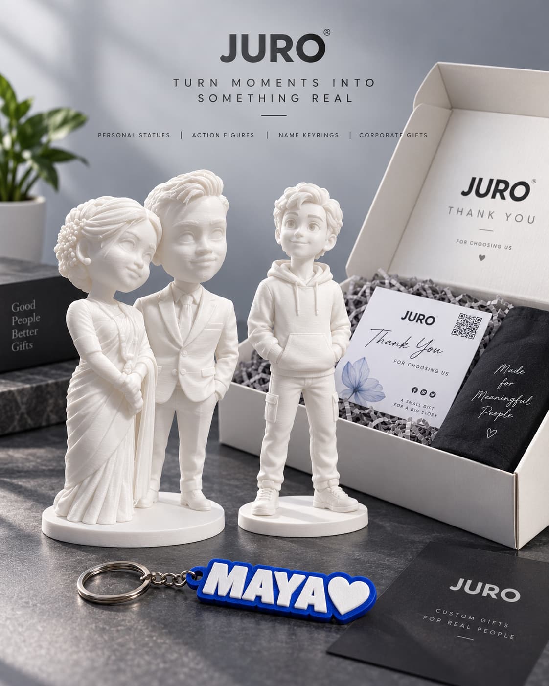 A personalised JURO-style portrait figurine displayed as a gift