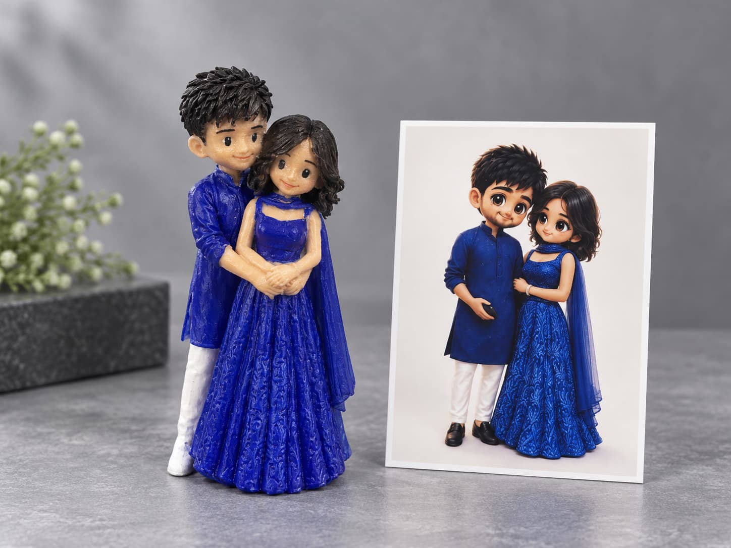 A reference portrait beside its finished custom figurine.